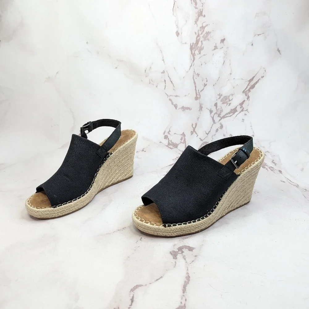 Toms Wedge Women 11 Espadrille Black Platform Slingback Shoe Sandal Open Monica